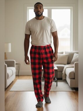 Follow Me Men's Red and Black Plaid Fleece Lounge Pants